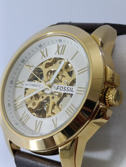 Fossil Automatic Skeleton Watch - Elegant Gold & Silver Timepiece for Men